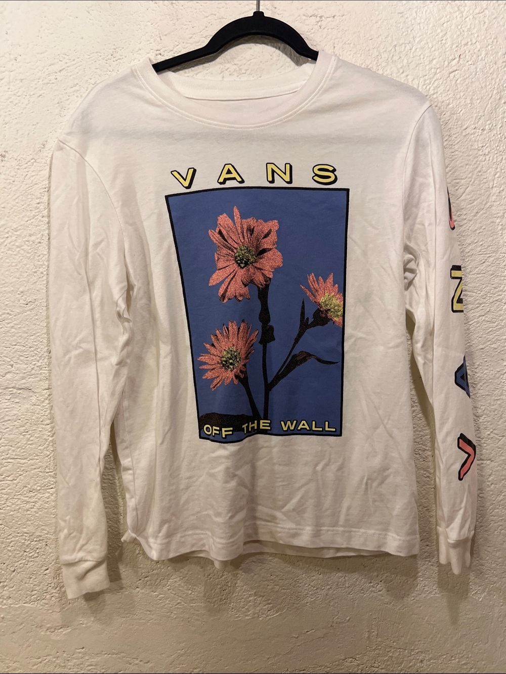 Vans White Long-Sleeve Tee with Blue Panel and Pink Floral Graphic